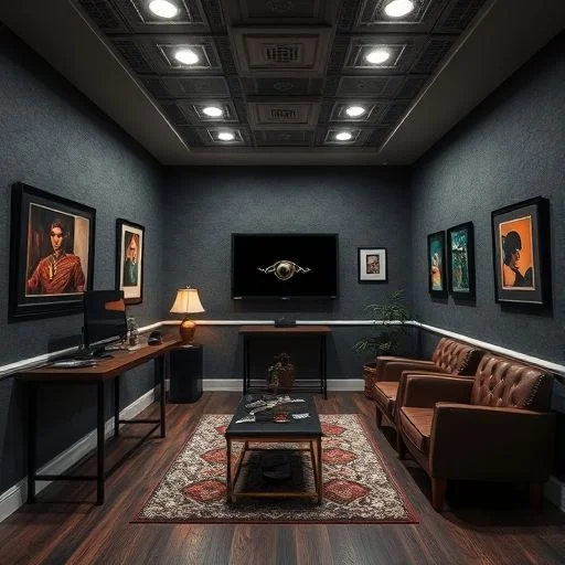 Subtle abstract geometric pattern resembling alchemical symbols or circuit board tracery, glowing with gold and emerald against a deep indigo background.